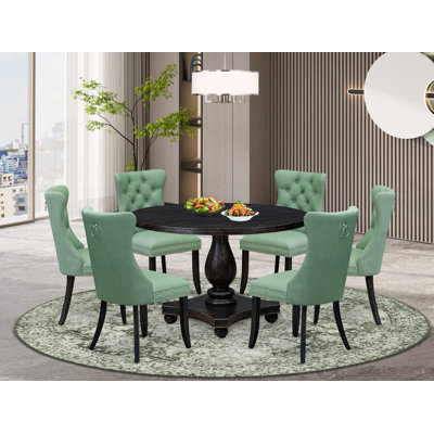 Ensemble de table à manger 7 pièces comprenant une table ronde de 48 po avec piédestal et 6 chaises de salle à manger en similicuir vert saule, noir sablé