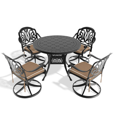 4 chaises pivotantes et table ronde de 39,37 po - 5 salles à manger en aluminium coulé, noir, extérieur toutes saisons en noir