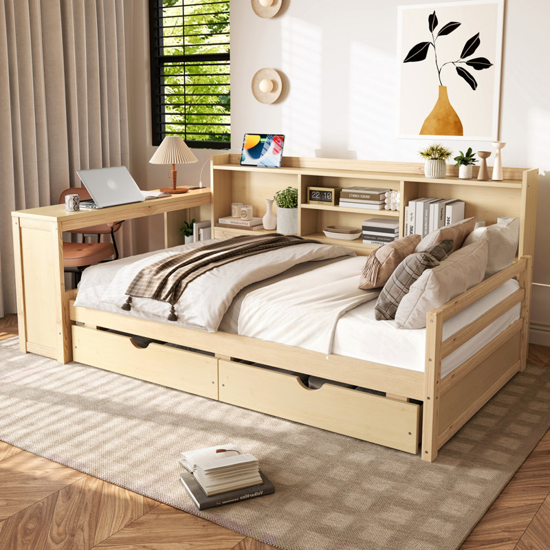 Lit de jour simple en bois massif avec tiroirs de rangement, bureau, port de charge et bibliothèque, Natural