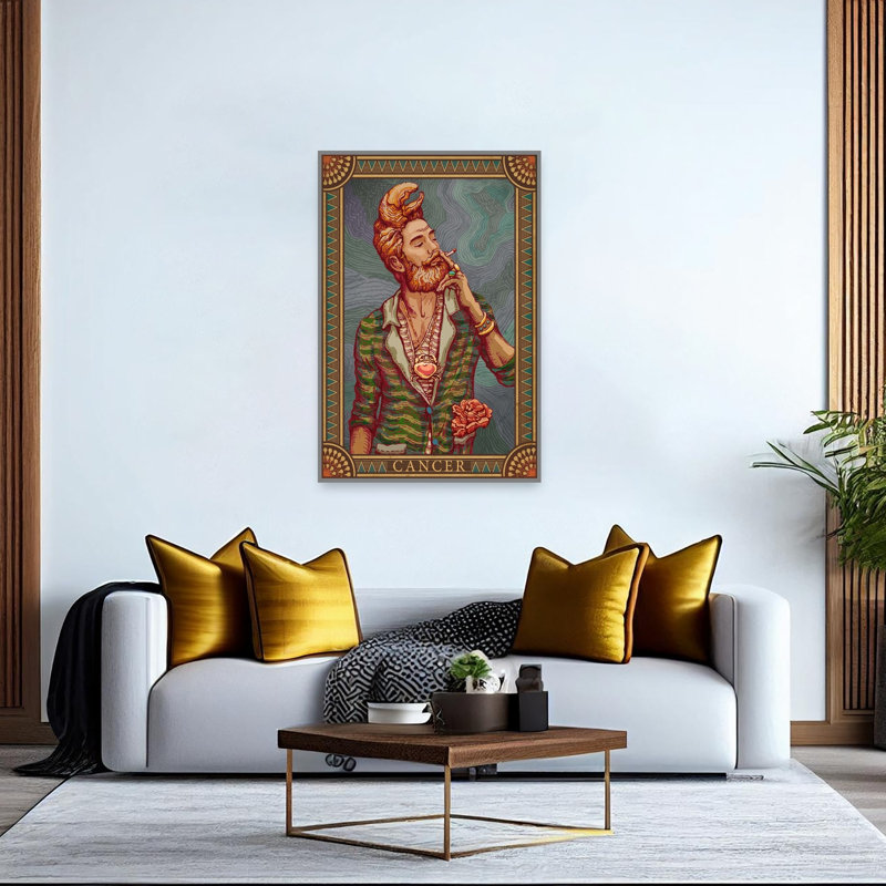 Stylish Cancer Zodiac Man Abstract Retro Vintage Crab Flower Portrait Wall Art Print by Olga Galeeva - Wrapped Canvas Print