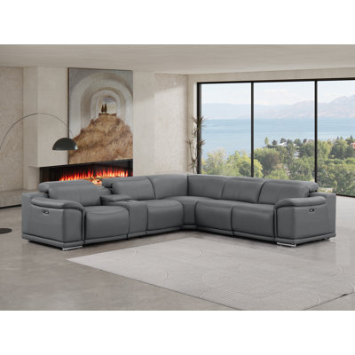 6-Piece L-Shaped Power Reclining Sectional In Genuine Leather – 3 Recliners