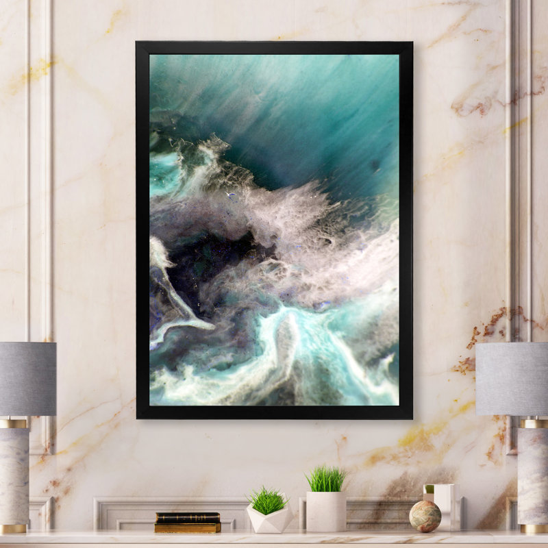Turquoise liquide Art II - art mural moderne sur toile, H 20 po x l 12 po x P 1 po, Toile avec cadre noir