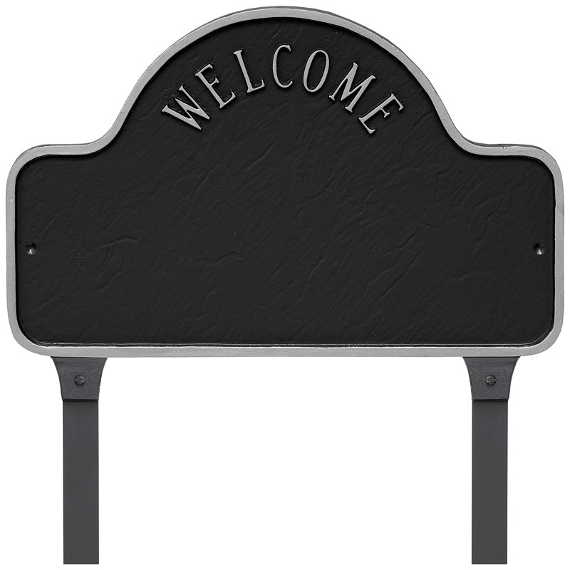 Enseigne d’adresse pour pelouse sur 3 lignes welcome, Noir / argent