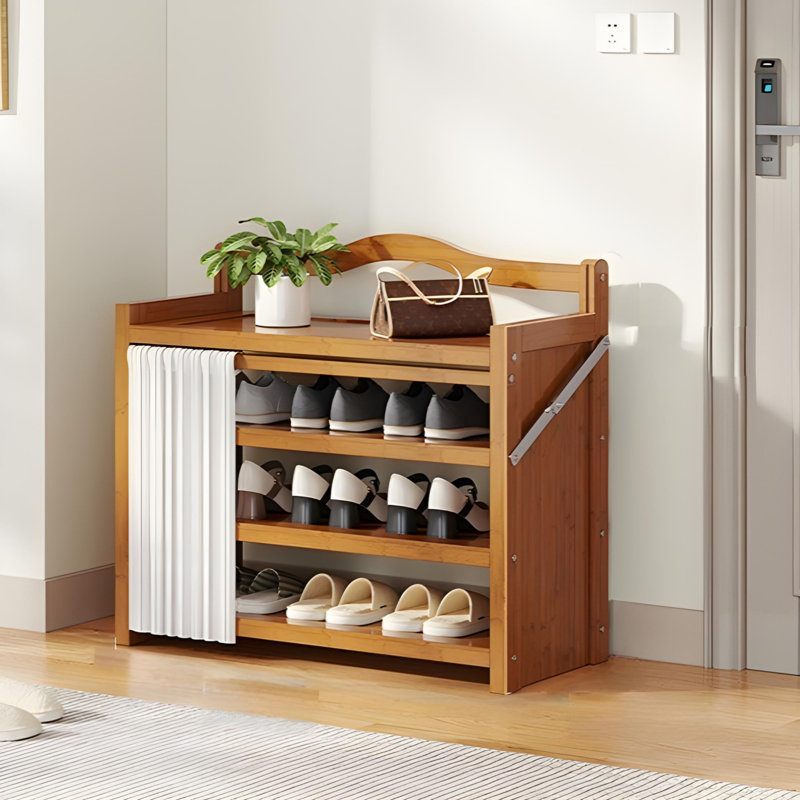 Foldable Shoe Rack For Home - Bamboo Entryway Shoe Organizer With Dust-Proof Curtain, Multi-Layer Design For Easy Storage