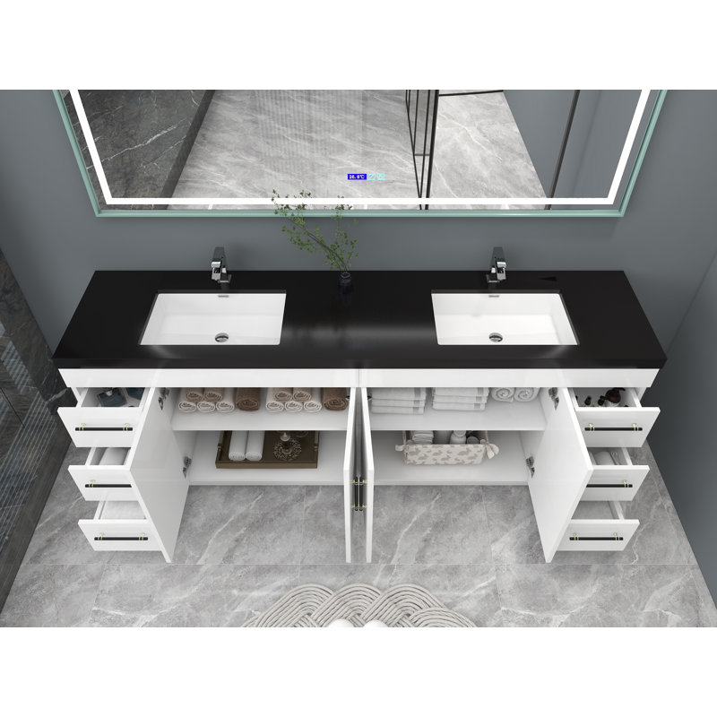 Ensemble de meuble-lavabo double 84 po Campney, Blanc ultrabrillant, Noir mat