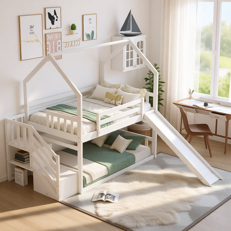 Lit superposé simple au-dessus de simple avec glissière convertible et escalier de rangement, structure en bois massif avec barrières de sécurité pour chambre d'enfant