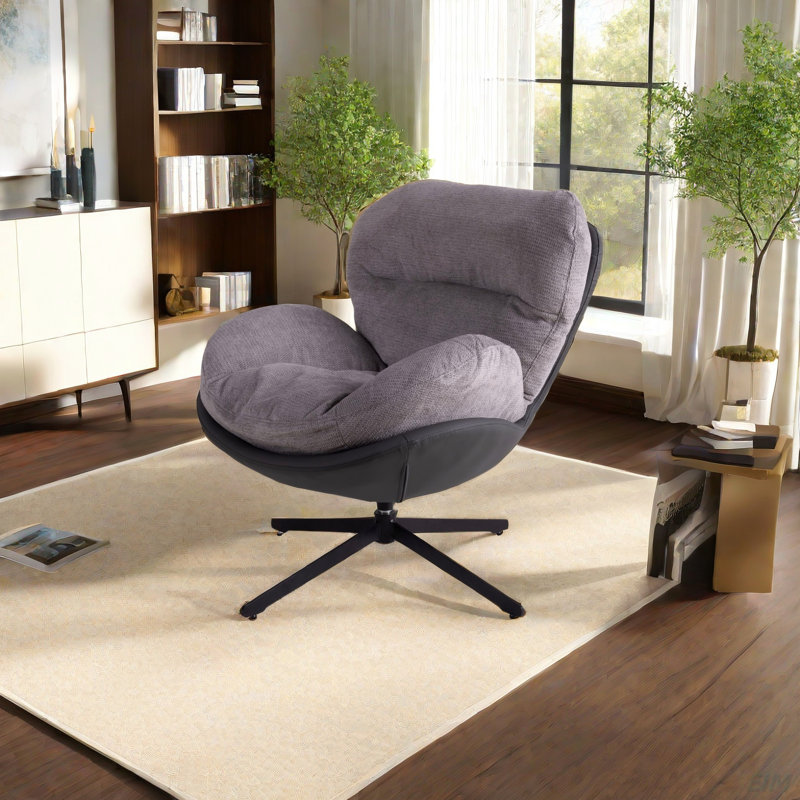 360° Swivel Office Chair, Modern Chenille Chair With Faux Leather And Black Metal Base Frame, No Wheels, Accent Chair For Small Spaces, Living Room, Office