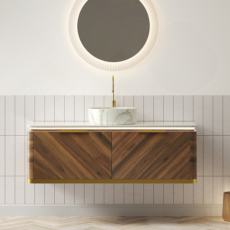 Meuble-lavabo 48 po, meuble de rangement flottant en contreplaqué, tiroirs avec poignée et capteur de lumière, vasque en céramique à motif de pierre et plateau en pierre frittée, grain de bois noyer foncé
