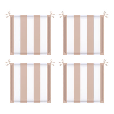Set of 4 Outdoor Patio Seat Cushions with Ties - Khaki & White Striped Replacement Chair Pads for Garden Furniture