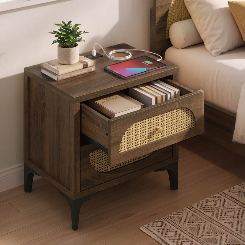 Station de charge intégrée à 2 tiroirs en rotin Modern Boho, Brun, Ensemble de 2