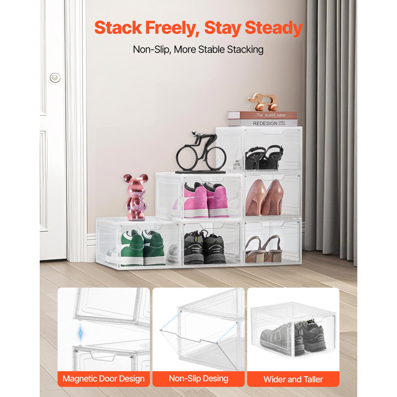 Shoe Storage Boxes, 6 Pack Clear Stackable Shoe Boxes Storage Organizers With Magnetic Door, Fit Up To US Size 13, Plastic Sneaker Containers For High Heels, Boots, And Hats, Transparent White