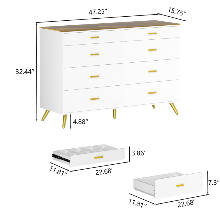 White Dresser for Bedroom, Modern 8 Drawer Dressers with Tempered Glass  Top, Dressers & Chests of Drawers with 2 Grid and 6 Spacious Storage Drawer,  Storage Organizer Dresser for Kids Bedroom Living
