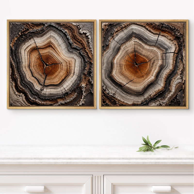 Ensemble de 2 reproductions rondes en forme d'arbre rond avec grain de bois brun chaleureux, H 16 po x l 16 po x P 1,5 po