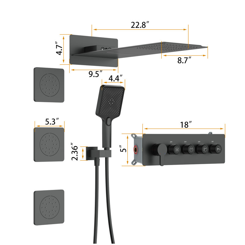 Système de douche 4 fonctions de luxe avec 3 jets de corps, fixé au mur (valve brute incluse), Noir mat