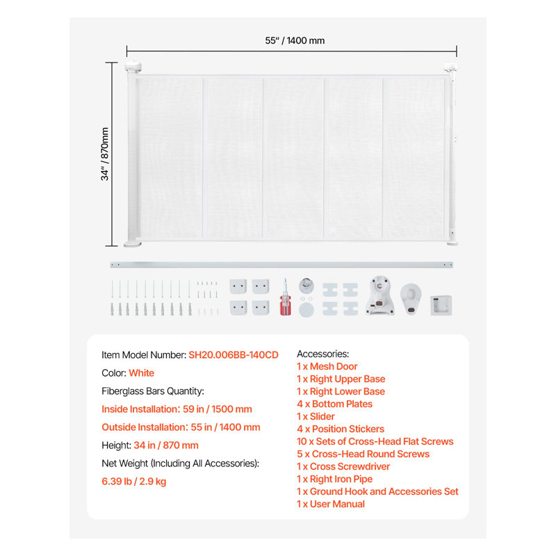 Barrière de sécurité rétractable pour bébé de 34 po de hauteur et extensible jusqu'à 55 po - Barrière de sécurité en filet à une main pour enfants et animaux de compagnie