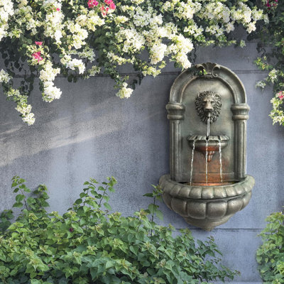 Wall-Mounted Lion Head Stone LED Outdoor Water Fountain for Gardens, Landscaping