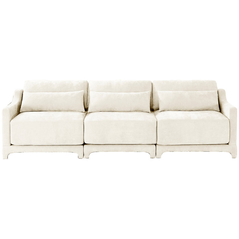 Trois places rembourrées en chenille beige, avec un design ergonomique, un coussin lombaire, une base en bois et des sièges confortables pour plusieurs pièces avec support, éponge élégante et haute résilience, modulaire