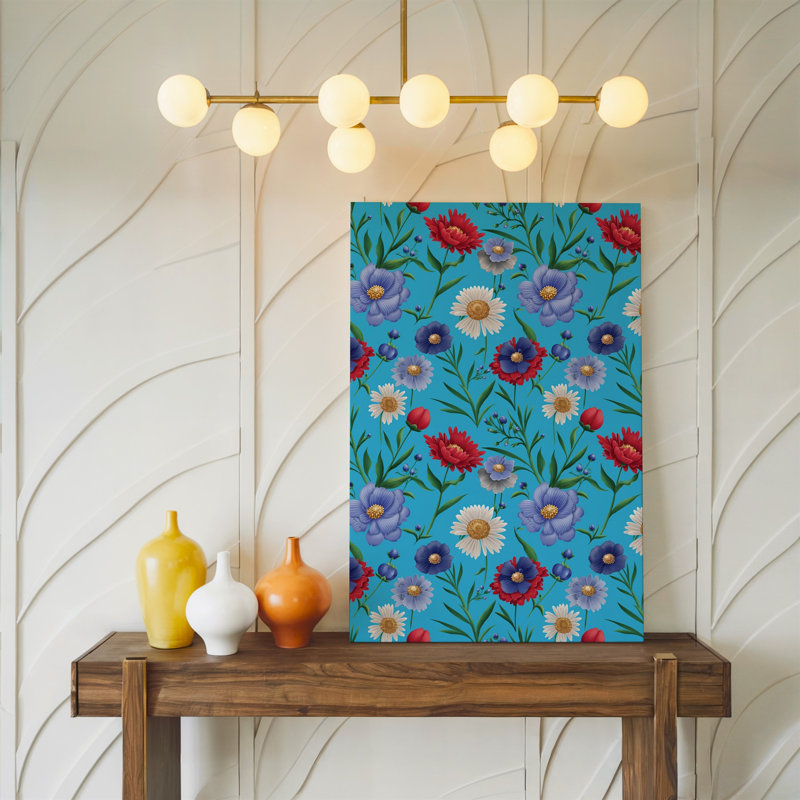 Toile, motif floral complexe et complexe mettant en vedette une variété de fleurs murales stylisées dans des tons de rouge, bleu et blanc