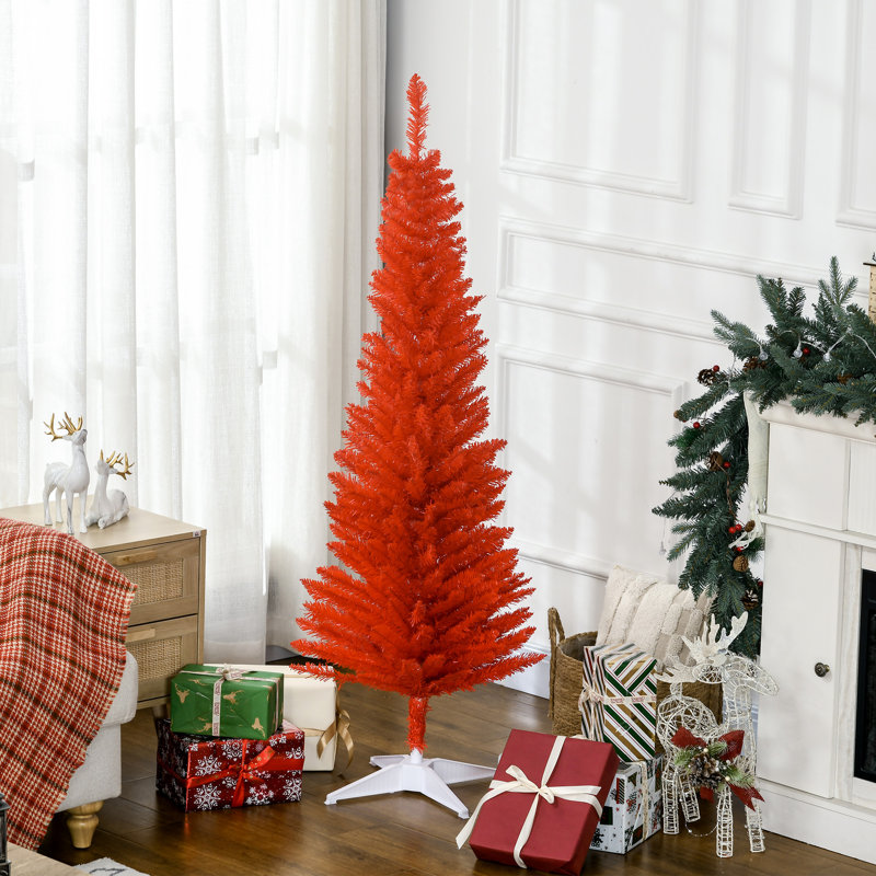 Arbre de Noël décoré 5 pi, arbre de Noël crayon avec 294 branches réalistes et support en plastique, rouge, Rouge, H 5 pi
