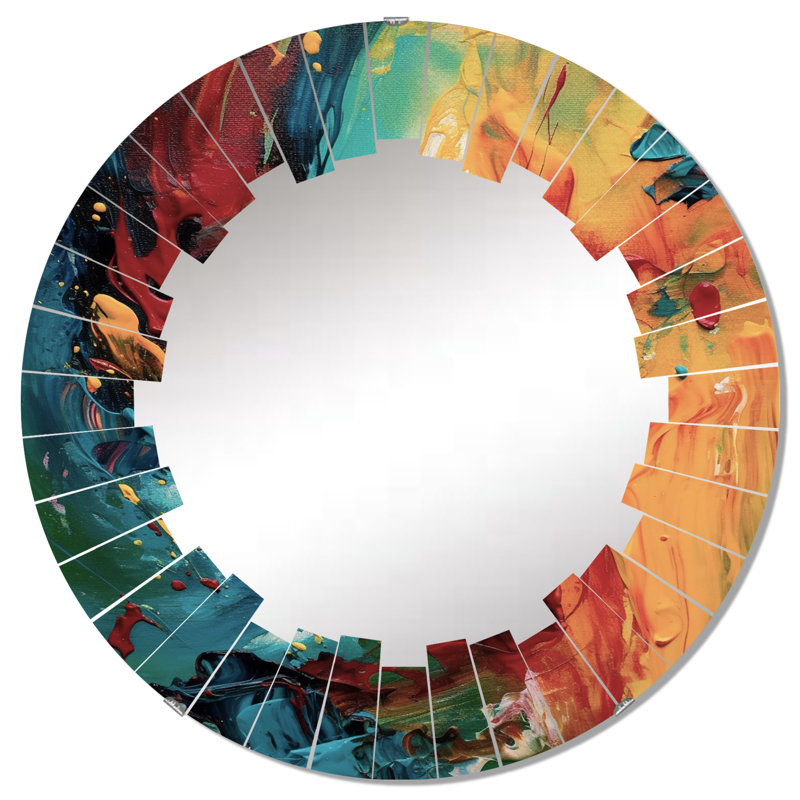 Jaune et turquoise Journey of Abstraction IV - Miroir mural rond moderne, 32 po x 32 po