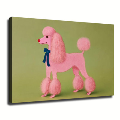 Cute Pink Poodle Dog With Blue Bow Illustration Art, Large Gallery Wrapped Canvas Wall Art Print For Living Room Bedroom