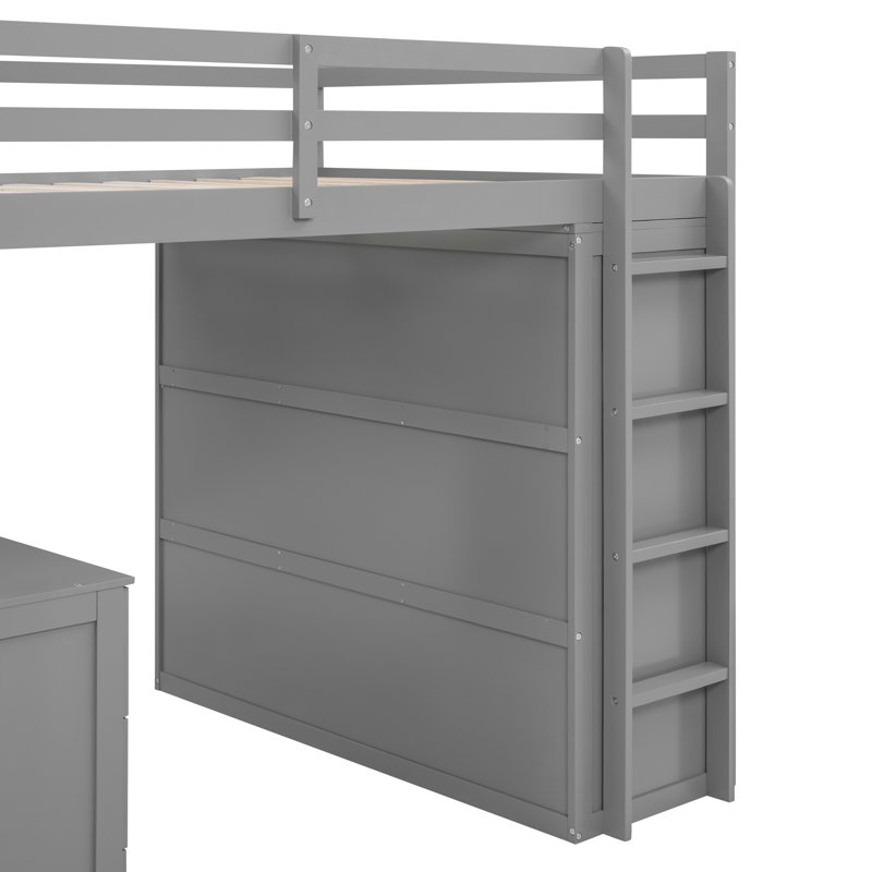 Lit mezzanine double avec tiroirs, bureau et garde-robe gris