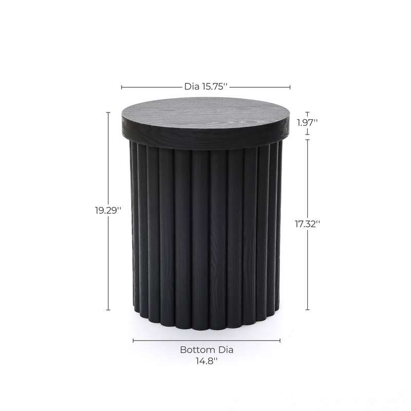 Compact Fluted Round Side Table for Living Room, Natural & Black Finish Options, Black