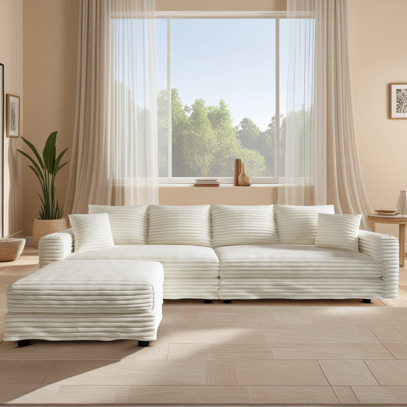 Almonte 103'' Modular Sectional Sofa With Chaise Conversion And 2 Throw Pillows, Beige Corduroy