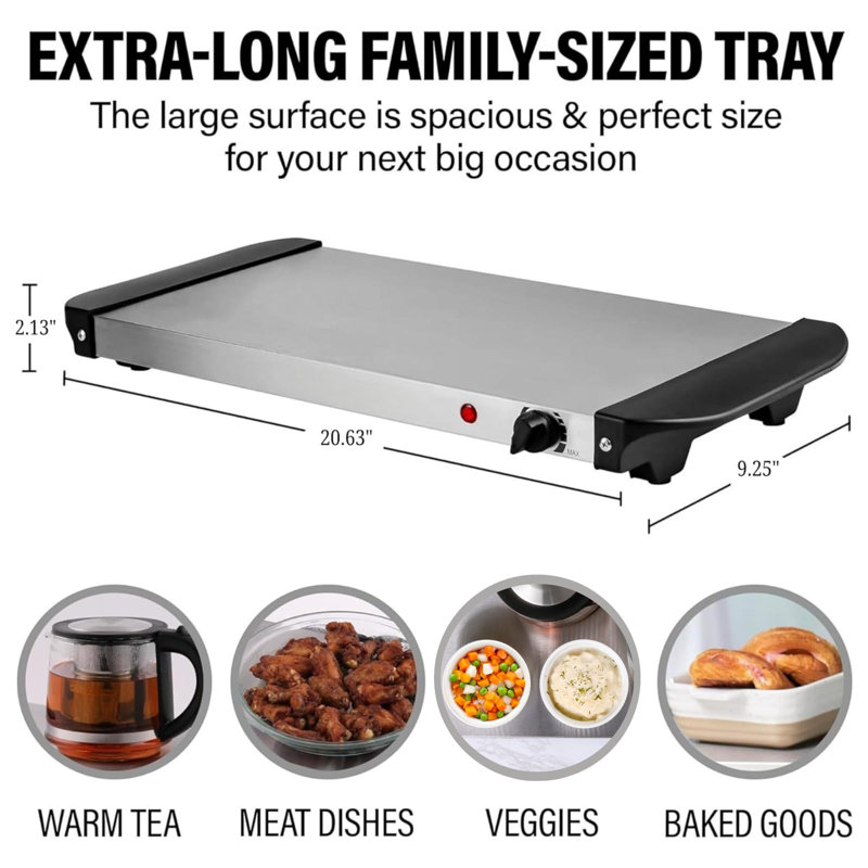 Chauffe-plat électrique avec contrôle de température réglable Parfait, chauffe-plats compact et serveur avec poignées froides, argent