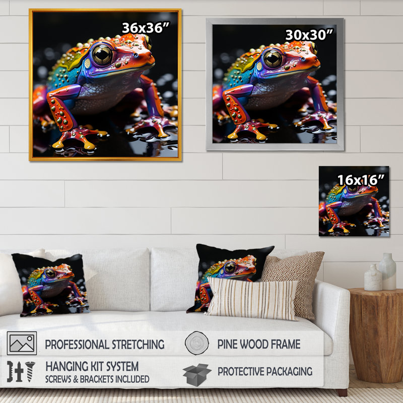 «Multicolor Frog Portait Glass II» sur toile, Cadre simple argenté, H 36 po x l 36 po x P 1,5 po