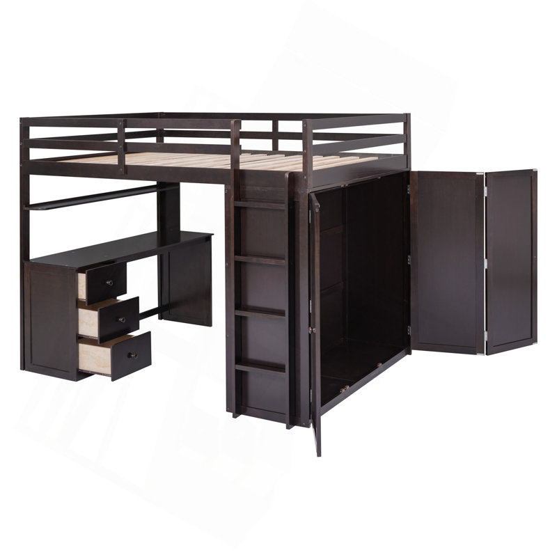 Full Size Loft Bed With Drawers,Desk,And Wardrobe-Espresso