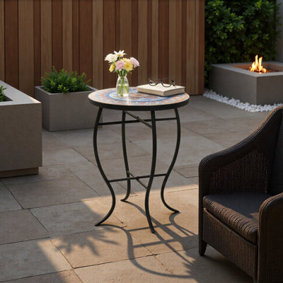 Outdoor Round Side Table with Mosaic-Style Top and Curved Iron Legs