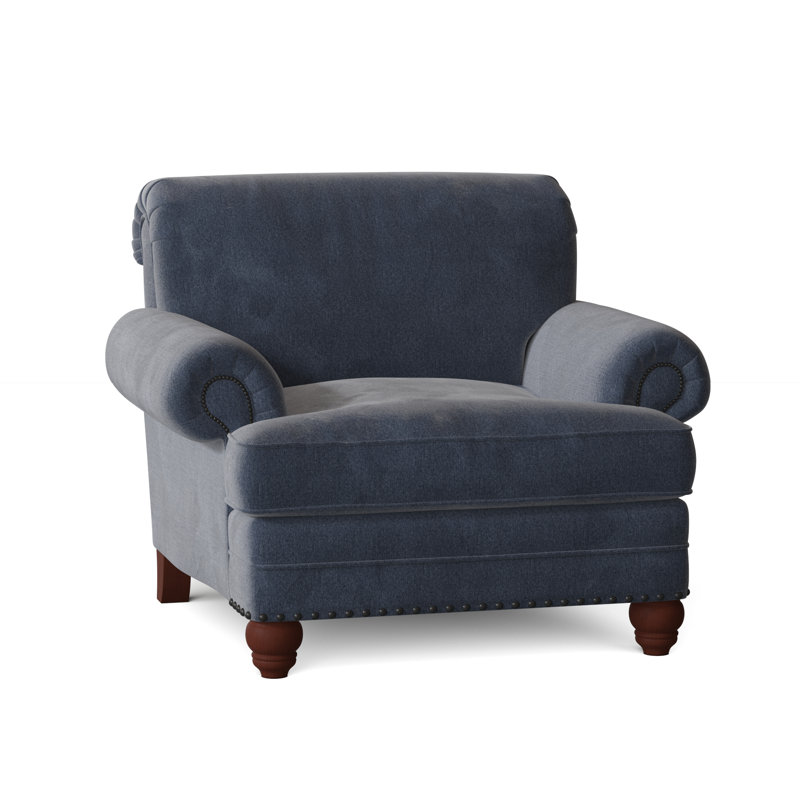 Fauteuil Ballester, Velours performance bleu marine Tweetie 22, Pécan, Laiton clair
