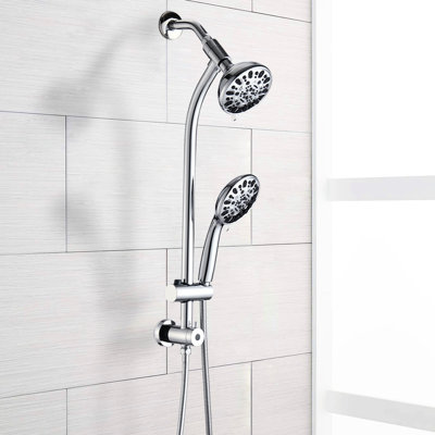 Stainless Steel Shower - 7 Function Rain Showerhead, Dual Head, Slide Bar, Wall Mounted, Finish Mounted Rain, , 1.8 Gpm Flow