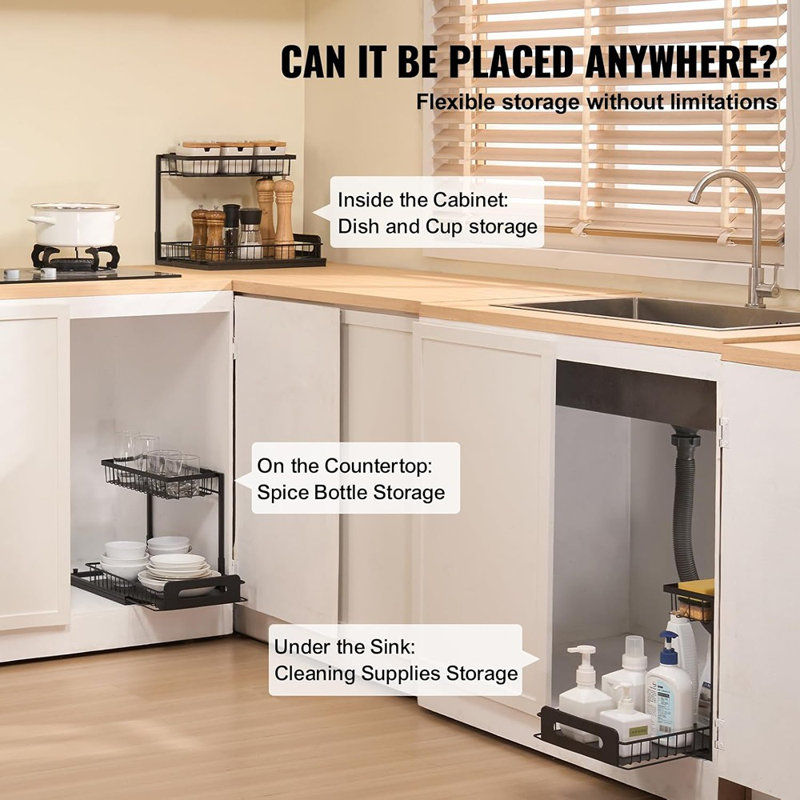 2-Tier Under Sink Pull-Out Cabinet Organizer, Wire Basket Slide-Out Storage For Kitchen Or Bathroom