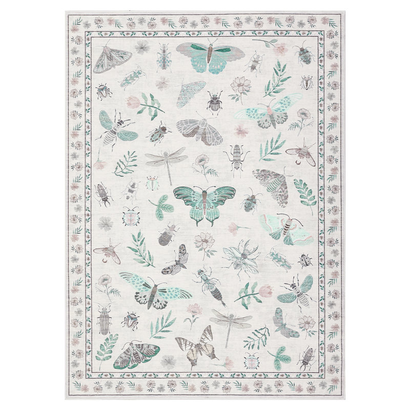 Insect Floral Area Rugs Modern Accent Carpet with Non-Slip Backing, Stain-Resistant Low Pile Floor Cover, Machine Washable Ultra-Soft Indoor Mat for Living Room, Bedroom, Kitchen