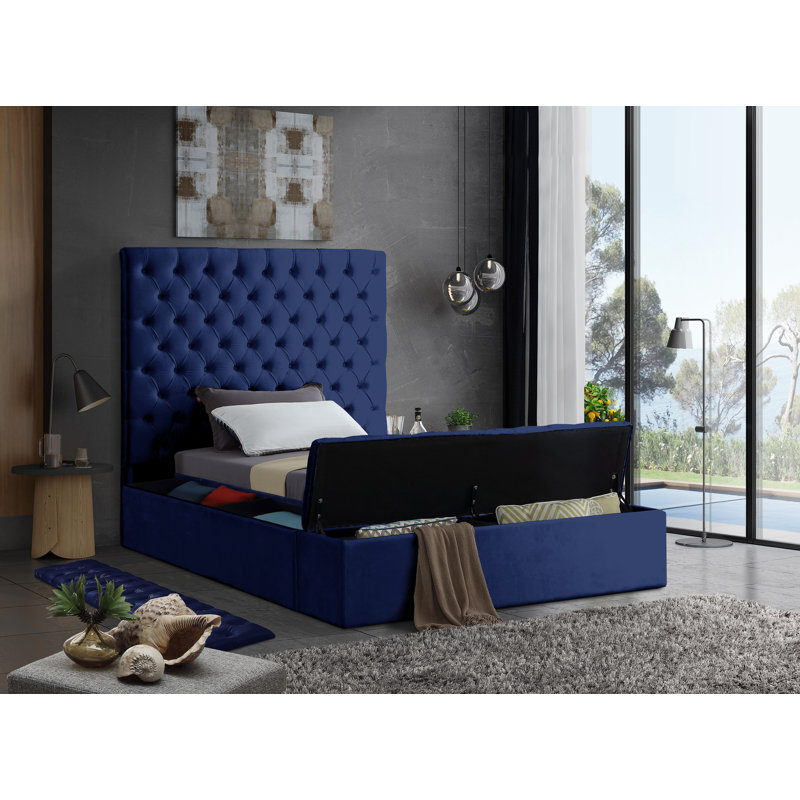Lit plateforme tapissier avec rangement Johnnay, Velours marine, Simple