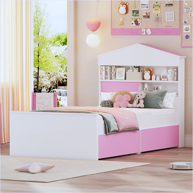 Lit simple en bois en forme de maison avec tablette de rangement sur la tête de lit, Rose