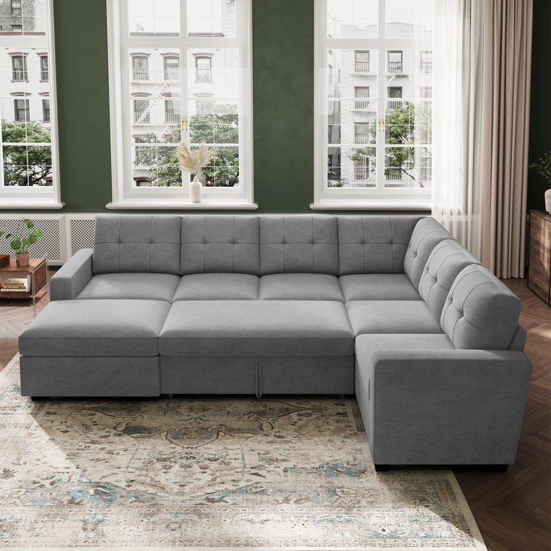 Abramson U-Shaped Corduroy Sectional Pull-Out Sofa Bed with Storage Ottoman, Light Gray Polyester
