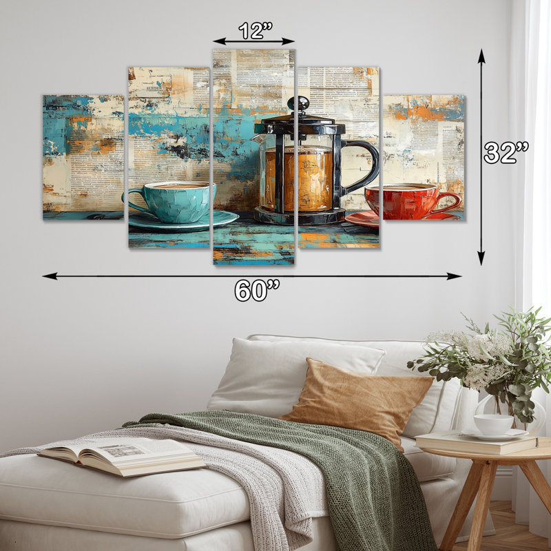 Blue and Red Coffee French Press Coffee - ensemble d'art mural café