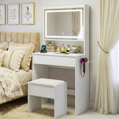 Farmhouse Vanity Desk with Lighted Mirror and Charging Hub