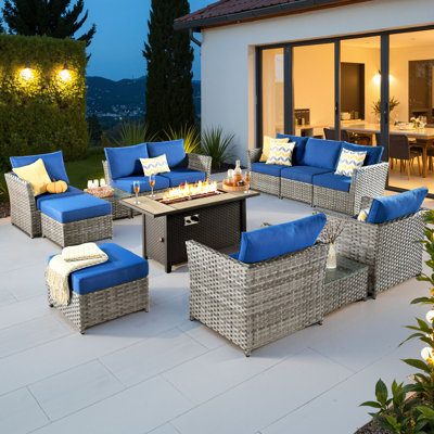 Ensemble de conversation d'extérieur Ignatz pour 8 personnes sans assemblage, ensemble de conversation de patio en osier avec coussins, ensemble de canapé modulaire toutes saisons avec foyer pour jardin, cour arrière