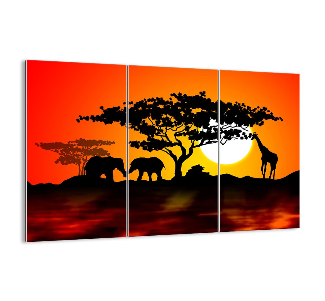 3-tlg. Glasbilder-Set - Grafikdruck „Meeting on Savanna”