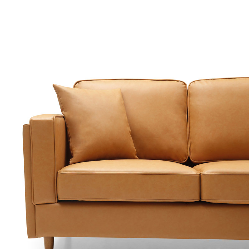 85" Faux Leather Square Arm Sofa, Honey Tan Faux Leather