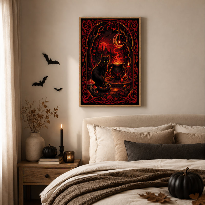 Art mural sur toile, "Chat noir et chaudron bouillonnant sous la lune rouge", H 24 po x l 18 po