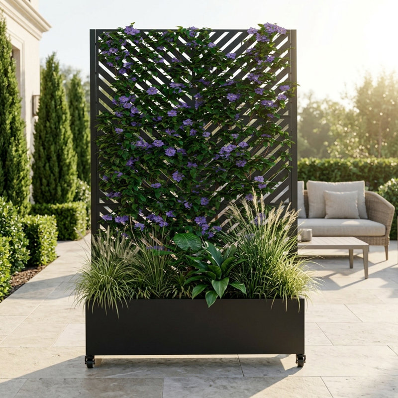 Metal Planter Box with Trellis,  73"x47"x16" Metal Raised Garden Bed with Trellis, Metal Planter Box with Drainage Holes & Lockable Wheels & Privacy Screen for Climbing Plants, Vegetables, Vines