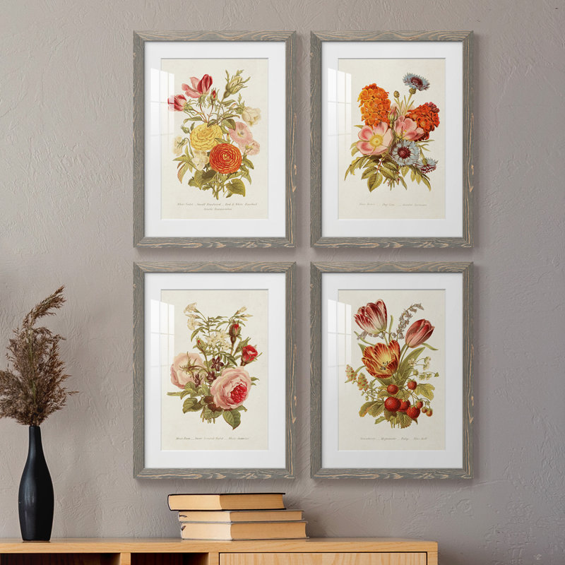 Antique Floral Bouquet I - Ensemble de 4 reproductions de cadres photo, Gris, H 31,5 po x l 47 po x P 1,5 po