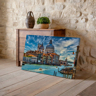 Canvas A Vibrant Scene Of Venice Featuring The Iconic Domes Of Wall Art A Grand Church Positioned Prominently Against A Bright Blue Canvas Wall Art