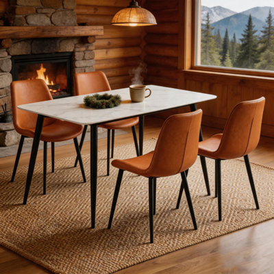 Ensemble de table et de chaises de salle à manger en pierre frittée pour 4 personnes avec 4 chaises rembourrées, montage facile