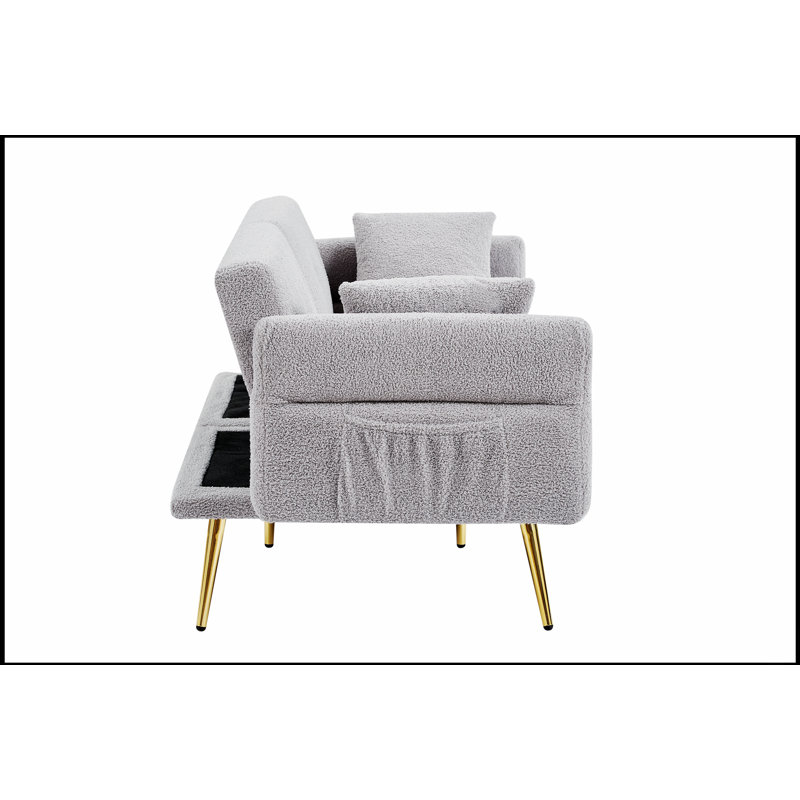 Modern Teddy Upholstered Accent Loveseat Sofa With Side Pocket, Folding Sleeper Sofa Bed With Foldable Armrest, Adjustable Backrest And Golden Metal Legs For Living Room